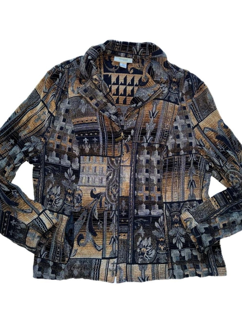 Dressbarn Black, Tan & Gray Patterned Woven Zip Up Jacket